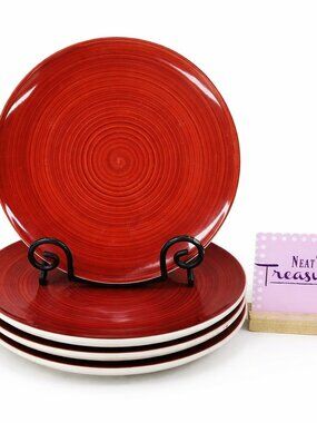 Dover & York RINGS SWIRL Circles Rust Red Stoneware Coupe Dinner Plates Set of 4